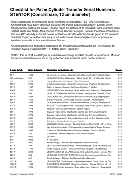 Checklist for Pathé Cylinder Transfer Serial Numbers: STENTOR (Concert Size, 12 Cm Diameter)