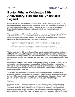 Boston Whaler Celebrates 50Th Anniversary; Remains the Unsinkable Legend