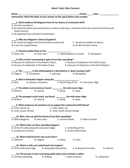 Week 7 Quiz: Plate Tectonics Name