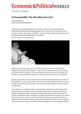 M Karunanidhi: the Dravidian Sun Sets