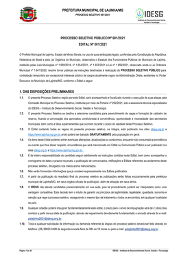 Prefeitura Municipal De Lajinha/Mg Processo Seletivo Público Nº 001/2021 Edital Nº 001/2021 1. Das Disposições Preliminares