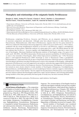 Monophyly and Relationships of the Enigmatic Family Peridiscaceae