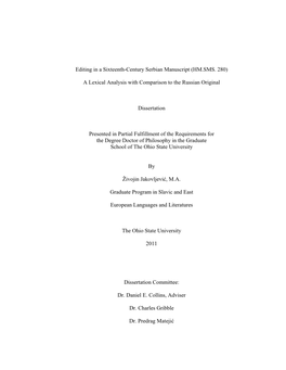 Editing in a Sixteenth-Century Serbian Manuscript (HM.SMS. 280) a Lexical Analysis with Comparison to the Russian Original Diss