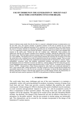 Use of Thorium in the Generation Iv Molten Salt Reactors and Perspectives for Brazil