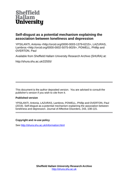 Self-Disgust As a Potential Mechanism Explaining the Association Between Loneliness and Depression