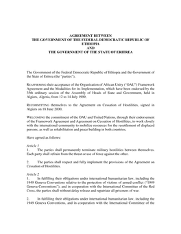 Agreement Between the Government of the Federal Democratic Republic of Ethiopia and the Government of the State of Eritrea