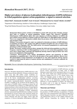 Higher Prevalence of Glucose-6-Phosphate Dehydrogenase (G6PD) Deficiency in Tribal Population Against Urban Population: a Signal to Natural Selection