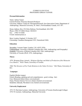 Curriculum Vitae Professor Adrian Tanner