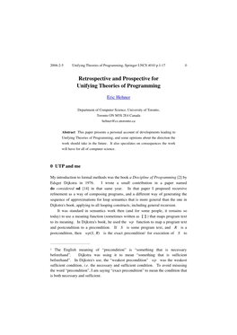 Retrospective and Prospective for Unifying Theories of Programming