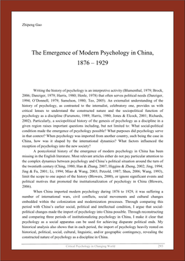 The Emergence of Modern Psychology in China, 1876 – 1929