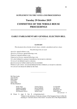 Tuesday 29 October 2019 COMMITTEE of the WHOLE HOUSE PROCEEDINGS