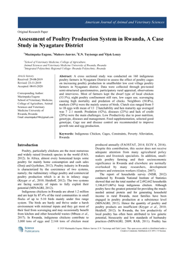 Assessment of Poultry Production System in Rwanda, a Case Study in Nyagatare District