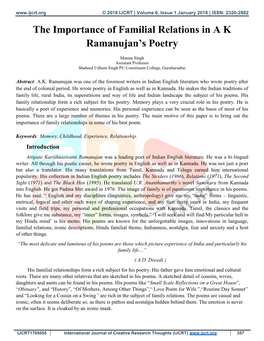 The Importance of Familial Relations in a K Ramanujan's Poetry