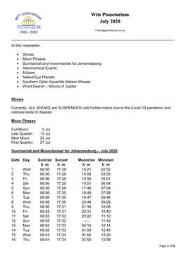 Wits Planetarium July 2020