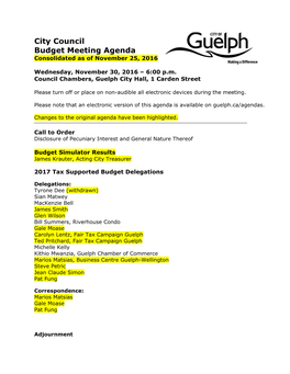 City Council Budget Meeting Agenda Consolidated As of November 25, 2016