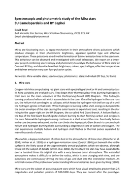 Spectroscopic and Photometric Study of the Mira Stars SU Camelopardalis and RY Cephei