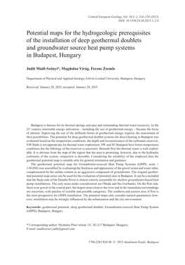 Potential Maps for the Hydrogeologic Prerequisites of the Installation of Deep Geothermal Doublets and Groundwater Source Heat Pump Systems in Budapest, Hungary