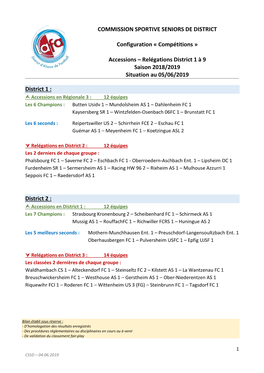 Accessions – Relégations District 1 À 9 Saison 2018/2019 Situation Au 05/06/2019