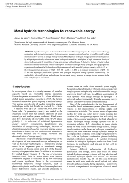 Metal Hydride Technologies for Renewable Energy