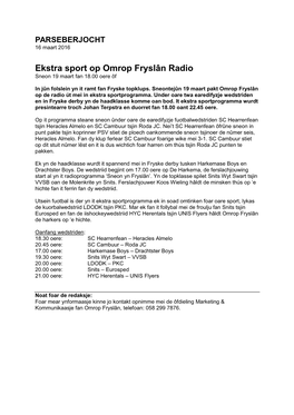 Ekstra Sport Op Omrop Fryslân Radio Sneon 19 Maart Fan 18.00 Oere Ôf