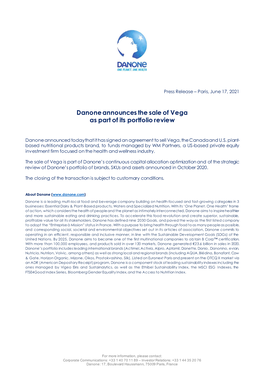 Danone Announces the Sale of Vega As Part of Its Portfolio Review