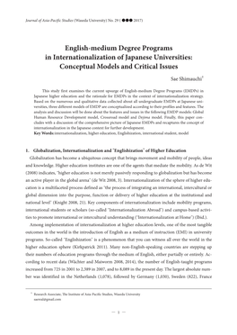 English-Medium Degree Programs in Internationalization of Japanese Universities: Conceptual Models and Critical Issues