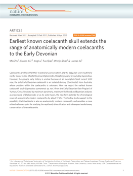 Earliest Known Coelacanth Skull Extends the Range of Anatomically Modern Coelacanths to the Early Devonian