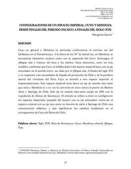 CONFIGURACIONES DE UN ESPACIO IMPERIAL: CUYO Y MENDOZA DESDE FINALES DEL PERIODO INCAICO a FINALES DEL SIGLO XVII. Margarita Gascón