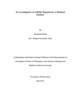 An Investigation of Mirna Repertoires in Bdelloid Rotifers