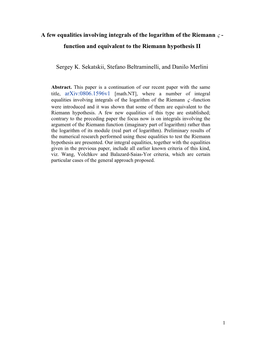 Function and Equivalent to the Riemann Hypothesis II S