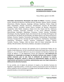 OFICINA DEL COMISIONADO Honorables Ayuntamientos Municipales Del Estado De México: Acambay, Acolman, Aculco, Almoloya De Alquis -.: CODHEM