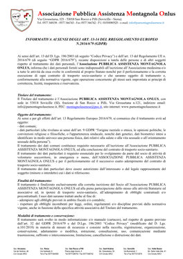 Associazione Pubblica Assistenza Montagnola Onlus Via Grossetana, 121 - 53018 San Rocco a Pilli (Sovicille - Siena) Tel