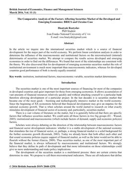 The Comparative Analysis of the Factors Affecting Securities Market of the Developed and Emerging Economies: BRICS and Ukraine Case