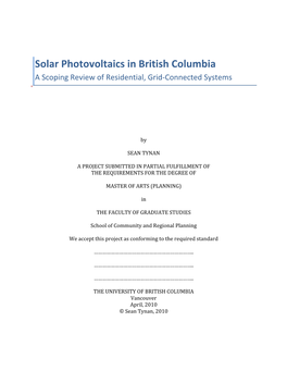 Solar Photovoltaics in British Columbia a Scoping Review of Residential, Grid-Connected Systems