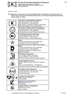 The Scroll K / Vaad Hakashrus of Denver 1350 Vrain Street, Denver, CO 80204 (303) 595-9349 Fax - (303) 629-5159 Rabbi Yisroel E