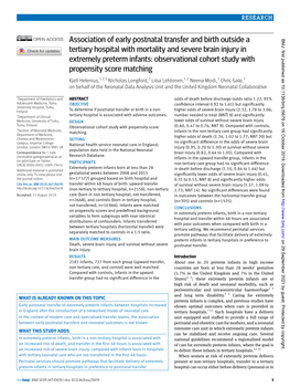 Association of Early Postnatal Transfer and Birth Outside a BMJ: First Published As 10.1136/Bmj.L5678 on 16 October 2019