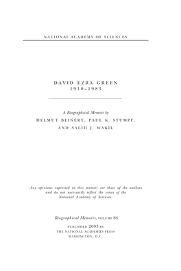 DAVID Green’S Death in 1983, Frank a Huennekens, One of Green’S Postdoctoral Fellows, Wrote in His Personal Recollections