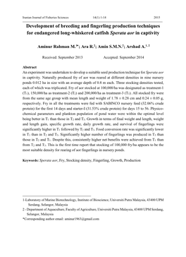 Development of Breeding and Fingerling Production Techniques for Endangered Long-Whiskered Catfish Sperata Aor in Captivity