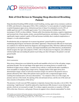 Role of Oral Devices in Managing Sleep-Disordered Breathing Patients