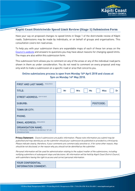 Kapiti Coast Districtwide Speed Limit Review (Stage 1) Submission Form