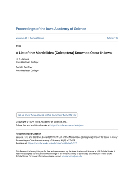 A List of the Mordellidea (Coleoptera) Known to Occur in Iowa