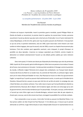 Séance Ordinaire Du 28 Septembre 2020 « Le Pouvoir », Sous La Présidence De Pierre Delvolvé Président De L’Académie Des Sciences Morales Et Politiques