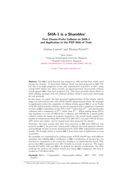 SHA-1 Is a Shambles∗ First Chosen-Preﬁx Collision on SHA-1 and Application to the PGP Web of Trust