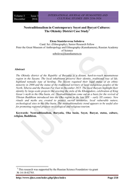 Neotraditionalism in Contemporary Soyot and Buryat Cultures: the Okinsky District Case Study1