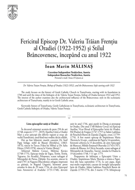 Fericitul Episcop Dr. Valeriu Trăian Frențiu Al Oradiei (1922-1952) Și Stilul Brâncovenesc, Începând Cu Anul 1922