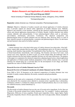 Modern Research and Application of Lobelia Chinensis Lour Yan-Yi WU