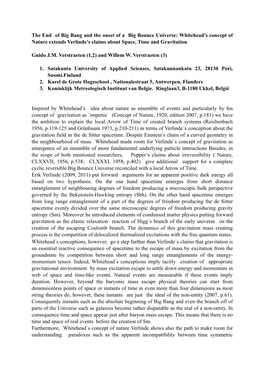 The End of Big Bang and the Onset of a Big Bounce Universe: Whitehead’S Concept of Nature Extends Verlinde’S Claims About Space, Time and Gravitation