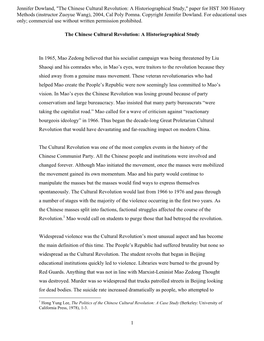 The Chinese Cultural Revolution: a Historiographical Study," Paper for HST 300 History Methods (Instructor Zuoyue Wang), 2004, Cal Poly Pomna