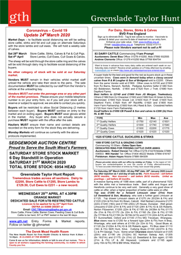 SEDGEMOOR AUCTION CENTRE Update 24Thmarch 2020