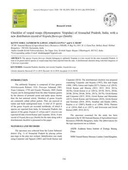 Checklist of Vespid Wasps (Hymenoptera: Vespidae) of Arunachal Pradesh, India, with a New Distribution Record of Vespula Flaviceps (Smith)